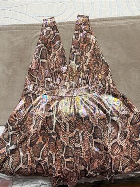superdown Iridescent Snake-Print Halter Romper in Brown